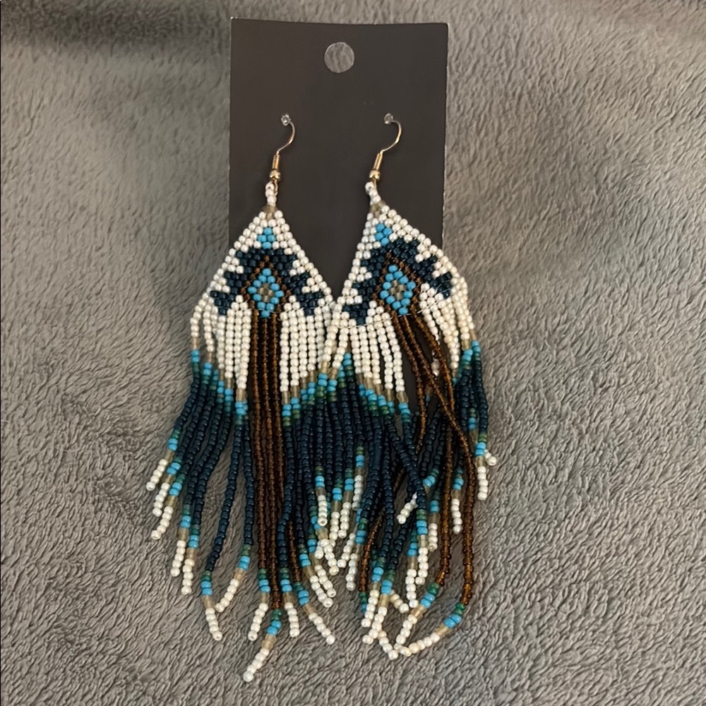Beaded Earrings - Blue, Brown, White - Picture 1 of 1
